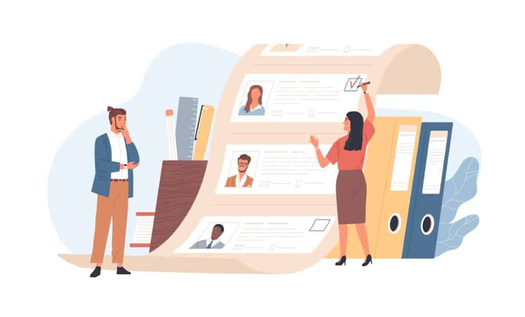 Two individuals are looking at a selection of customer personas, to represent customer segments. One of them has selected a customer segment to target.