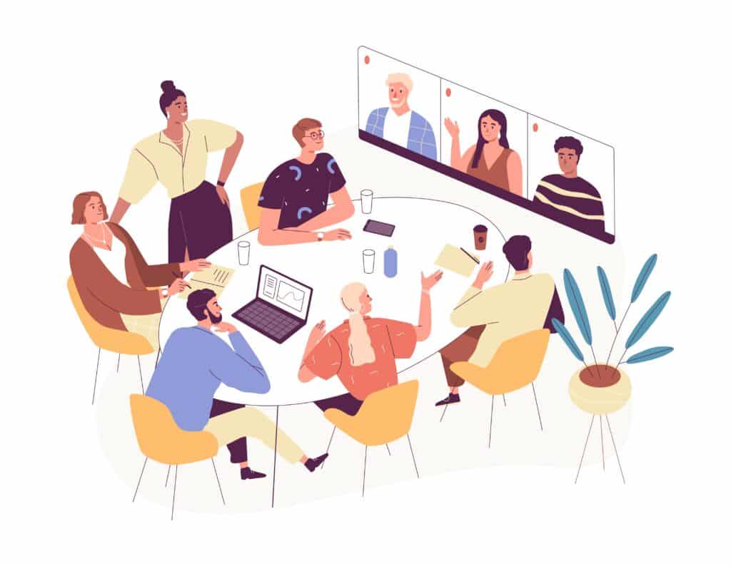 A marketing team at an association or buying group has a virtual meeting with their outsourced content team.