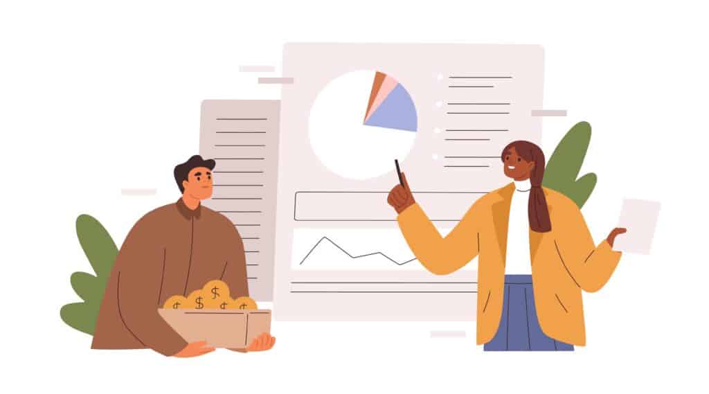Two individuals review metrics and goals, while one holds a box of coins that represent projected revenue or budget.