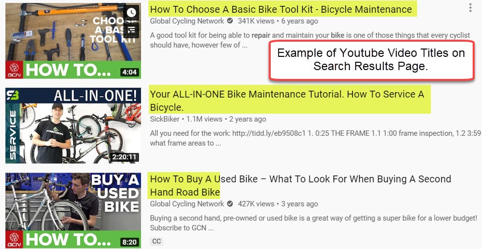 example of youtube video titles on search results page